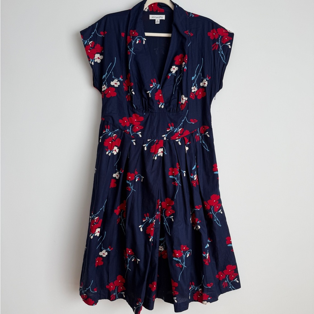 Navy Floral Fit-and-Flare Dress with Red Blooms